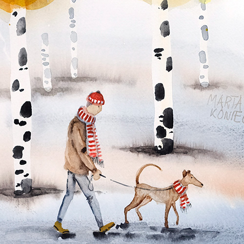 akwarela oryginalna Marta Konieczny sztuka nowoczesna najlepsza najpiękniejsza galeria polska ilustracja na prezent dla kobiety na urodziny na zamówienie do salonu do nowoczesnego wnętrza na ścianę do sypialni żółta  mężczyzna  piez  chart  brzozy  las  d